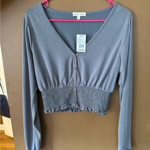 Moa Moa Gray Smocked V-Neck Blouse